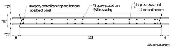 This line drawing shows the dimensions of critical aspects of a precast concrete deck panel that was fabricated for deployment in a bridge in Oregon. The panels were connected with field-cast ultra-high performance concrete.