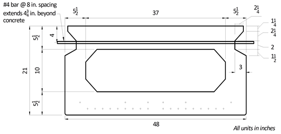 This line drawing shows the cross section of a precast prestressed concrete box beam with partial depth ultra-high performance concrete connection details at the top of each side of the box. Key dimensions are shown.