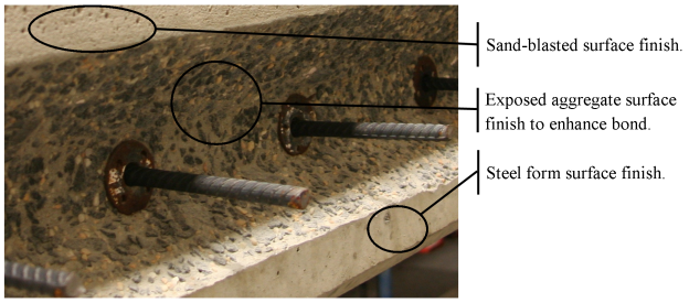 This photo shows three different precast concrete surface finishes. The recommended exposed aggregate finish is shown along with a sand-blasted finish and a steel-form finish.