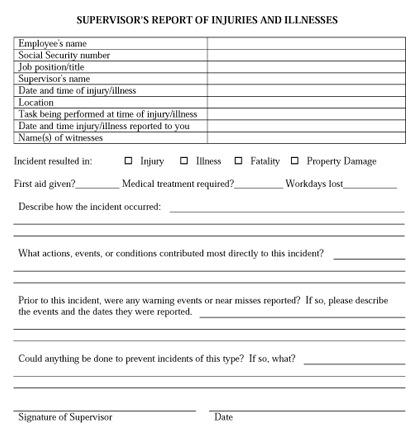 Supervisor's Report of Injuries and Illnesses