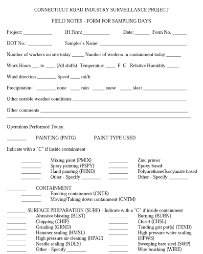 Connecticut Road Surveillance Project Field Notes - Form for Sampling Days