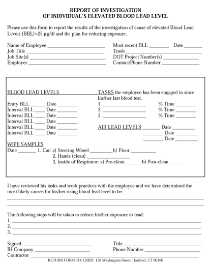 Report of Investigation of Individual's Elevated Blood Lead Level