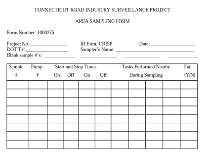 Connecticut Road Industry Surveillance Project Area Sampling Form