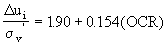 Equation 5.5. Delta U subscript I divided by sigma prime subscript V equals 1.90 plus the product of 0.154 multiplied by OCR.
