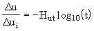 Equation 5.6. Excess pore pressure at any time, delta U, divided by delta U subscript I equals the negative horizontal pore pressure dissipation parameter, H subscript UT, which is, multiplied by the log subscript 10 of the time after pile driving in seconds, T.