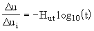 Equation 5.6. Excess pore pressure at any time, delta U, divided by delta U subscript I equals the negative horizontal pore pressure dissipation parameter, H subscript UT, which is, multiplied by the log subscript 10 of the time after pile driving in seconds, T.