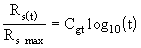 Equation 5.9. The pile shaft capacity at any time after driving, R subscript S parentheses T, divided by the maximum pile shaft capacity, R subscript S max, equals the parameter representing the rate at which the pile gains capacity, C subscript GT, multiplied by the log subscript 10 of T.
