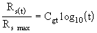 Equation 5.9. The pile shaft capacity at any time after driving, R subscript S parentheses T, divided by the maximum pile shaft capacity, R subscript S max, equals the parameter representing the rate at which the pile gains capacity, C subscript GT, multiplied by the log subscript 10 of T.