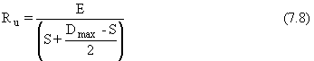Equation 7.8. R subscript U equals the energy delivered to the pile, E, divided by the sum of the permanent displacement or set, S, plus the quotient of the maximum displacement, D subscript max, minus S, divided by 2.