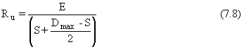 Equation 7.8. R subscript U equals the energy delivered to the pile, E, divided by the sum of the permanent displacement or set, S, plus the quotient of the maximum displacement, D subscript max, minus S, divided by 2.