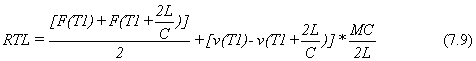 Equation 7.9. The total soil resistance, RTL, equals the sum of the measured force at time T1, F parentheses T1, plus F parentheses T1 plus the quotient 2L divided by C, all of which is divided by 2, plus the sum of the measured velocity at the time T1, V parentheses T1, minus V parentheses T1 plus the quotient of 2L divided by C, multiplied by the quotient of MC, where M is the mass of the pile, divided by 2L.