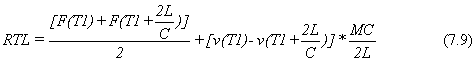 Equation 7.9. The total soil resistance, RTL, equals the sum of the measured force at time T1, F parentheses T1, plus F parentheses T1 plus the quotient 2L divided by C, all of which is divided by 2, plus the sum of the measured velocity at the time T1, V parentheses T1, minus V parentheses T1 plus the quotient of 2L divided by C, multiplied by the quotient of MC, where M is the mass of the pile, divided by 2L.