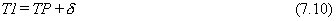 Equation 7.10. T1 equals the time of the impact peak, TP, plus lowercase delta, which is the time delay.