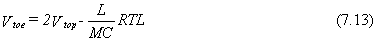 Equation 7.13. V subscript toe equals 2 multiplied by the velocity at pile top, V subscript top, minus the product of the following: the quotient of the pile length, L, divided by the product of pile mass, M, multiplied by wave speed of the pile material C, all multiplied by RTL. 