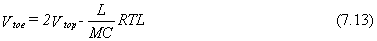 Equation 7.13. V subscript toe equals 2 multiplied by the velocity at pile top, V subscript top, minus the product of the following: the quotient of the pile length, L, divided by the product of pile mass, M, multiplied by wave speed of the pile material C, all multiplied by RTL. 
