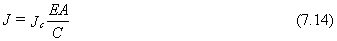 Equation 7.14. J equals the dimensionless Case damping coefficient, J subscript C, multiplied by the quotient of the product of the elastic modulus of the pile material, E, multiplied by the pile cross-sectional area, A, divided by C.