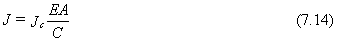 Equation 7.14. J equals the dimensionless Case damping coefficient, J subscript C, multiplied by the quotient of the product of the elastic modulus of the pile material, E, multiplied by the pile cross-sectional area, A, divided by C.