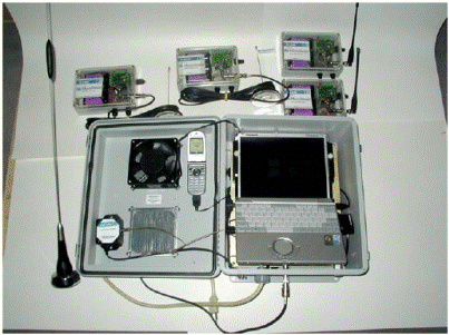 This photo shows a wireless data collection system with four wireless transmittable gauges, a metal weatherproof case, a laptop (datalogger), a phone as the modem, and a fan for internal cooling.