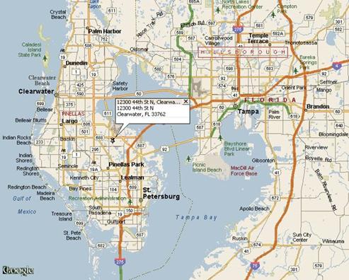 The figure shows a locator map to the voided shaft testing site is located in Clearwater, FL, close to I-275 in Pinellas County.