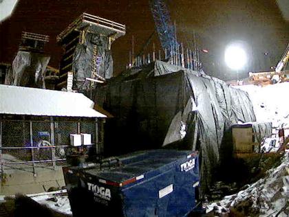 This photo shows the previously assembled and reusable column formwork (second level) as it was placed on the interior column of pier 2 southbound. The forms were heavy enough to be seen on strain records associated with that time.