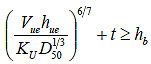 Figure 15. Equation. Threshold for scour. Open parenthesis V subscript ue times h subscript ue all divided by K subscript U times D subscript 50 raised to the power of one-third close parenthesis raised to the power of six-sevenths all plus t is greater than or equal to h subscript b.