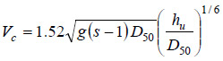 Figure 2. Equation. Critical velocity per Arneson and Abt. V subscript c equals 1.52 times the square root of g times open parenthesis s minus 1 close parenthesis times D subscript 50 end square root  times open parenthesis h subscript u divided by D subscript 50 close parenthesis raised to the power of one-sixth.