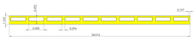 Figure 33. Illustration. Bridge rail (inches). This figure shows a single bridge rail configuration with a total length of 24.016 inches and a height of 1.122 inches. The bridge rail has openings of 2.008 by 0.492 inches spaced by 0.394 inches.