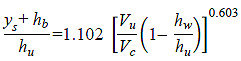 Figure 4. Equation. Modified Umbrell et al. equation for maximum equilibrium scour. The quantity of y subscript s plus h subscript b all divided by h subscript u equals 1.102 times open bracket V subscript u divided by V subscript c all times open parenthesis 1 minus the fraction h subscript w divided by h subscript u close parenthesis close bracket raised to the power of 0.603.