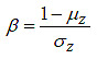 Figure 44. Equation. Reliability index. Beta equals the fraction 1 minus mu subscript z all divided by sigma subscript z.