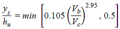 Figure 5. Equation. Lyn equation for maximum equilibrium scour. y subscript s divided by h subscript u equals minimum of either open bracket 0.105 times open parenthesis V subscript b divided by V subscript c close parenthesis raised to the power of 2.95 or 0.5 close bracket.