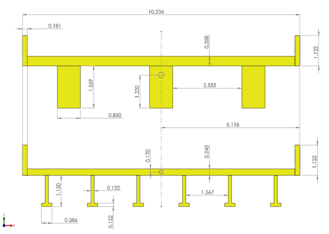 Figure 32. Illustration. Bridge deck models (inches). This figure shows two bridge deck models, both with a total width of 10.236 inches. The top model is a three-box girder configuration, with each girder being 1.559 inches deep and 0.850 inches wide. The bottom model is a six-flange girder configuration, with each girder being 1.15 inches deep and with a flange width of 0.386 inches and a web width of 0.122 inches.