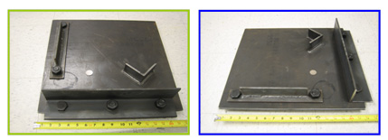 This figure shows two views of a type II test panel, which is rectangular. The wide-angle attachment and the T-attachment are secured using nuts and bolts, while the V-notch is welded onto the surface of the panel. All individual components, the attachments, and nuts were spray coated before assembly.