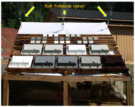 This photo shows a wooden rack in the backyard of Turner-Fairbank Highway Research Center (TFHRC) in McLean, VA. The rack is a natural weathering with salt spray (NWS) rack. Type I and type II test panels were deployed on wooden runner panels installed on the frames of the wooden rack, which is inclined at 30 degrees facing south. The horizontal runners have non-metallic hinges to support the test panels as 
they are deployed.