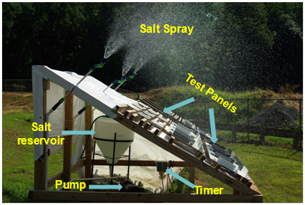 This photo shows an automatic salt spray system, which was built in-house to automatically salt-spray 15 weight percent salt solution on type I and type II panels deployed on a wooden rack for natural weathering with salt spray (NWS). The wooden rack is in the backyard of Turner-Fairbank Highway Research Center (TFHRC) in McLean, VA. The major components of the system include a storage tank to store the salt spray solution and an electromechanical pump to pump the solution through installed tubing into the shower heads from where the solution is sprayed.