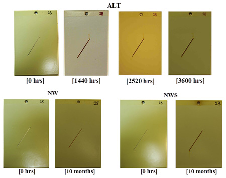 This figure shows the progressive changes of coating system ZE/E/PU for type I panels in accelerated laboratory testing (ALT), natural weathering testing (NW), and natural weathering with salt spray testing (NWS). After 3,600 h of exposure in ALT and 10 months of exposure in NW and NWS, no significant surface deterioration, such as rusting, blistering, or cracking, was observed.