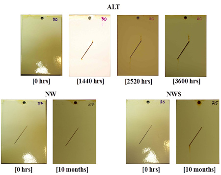 This figure shows the progressive changes of coating system MCU/E/F for type I panels in accelerated laboratory testing (ALT), natural weathering testing (NW), and natural weathering with salt spray testing (NWS). After 3,600 h of exposure in ALT and 10 months of exposure in NW and NWS, no significant surface deterioration, such as rusting, blistering, or cracking, was observed.