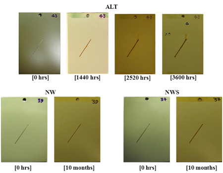 This figure shows the progressive changes of coating system ZE/PU for type I panels in accelerated laboratory testing (ALT), natural weathering testing (NW), and natural weathering with salt spray testing (NWS). After 3,600 h of exposure in ALT and 10 months of exposure in NW and NWS, no significant surface deterioration, such as rusting, blistering, or cracking, was observed.