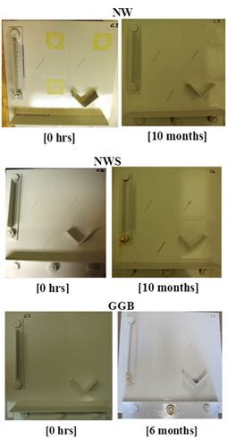 This figure shows the progressive changes of coating system MCU/E/F for type II panels in natural weathering testing (NW), natural weathering with salt spray testing (NWS), and Golden Gate Bridge (GGB) testing. After 6 months of exposure in GGB and 10 months of exposure in NW and NWS, no significant surface deterioration, such as rusting, blistering, or cracking, was observed.