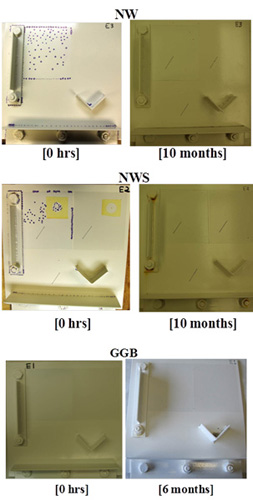 This figure shows the progressive changes of coating system Zn/PS for type II panels in natural weathering testing (NW), natural weathering with salt spray testing (NWS), and Golden Gate Bridge (GGB) testing. After 6 months of exposure in GGB and 10 months of exposure in NW and NWS, no significant surface deterioration, such as rusting, blistering, or cracking, was observed.