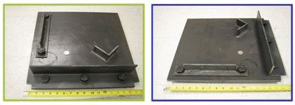 This figure shows two views of a type II test panel, which is rectangular. The wide-angle attachment and the T-attachment were secured using nuts and bolts, while the V-notch was welded onto the surface of the panel. All individual components, the attachments, and nuts were spray coated before assembly.