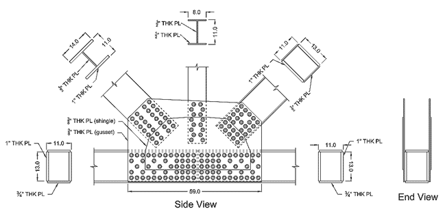 This illustration shows a schematic of the overall connection geometry used in testing. There are five members framing into the connection, with their lines of action coming to a common point at the centroid of the chords. The two chord members are collinear and horizontal. Both chord cross sections are built-up box sections with 1-inch-thick by 13-inch-tall side plates and 0.75-inch-thick by 11-inch-wide cover plates. A diagonal member is on the right and is placed at a 45-degree angle to the chords. It uses the same cross section as the chords, except the cover plate is 0.50 inches thick. Another member is orthogonal to the chords and is vertical in the figure. This vertical member is a built-up I-section made from 0.50-inch-thick plates. The flanges are 8 inches wide, and the web plate is 11 inches tall. The last member is shown in the upper left at a 45-degree angle to the chords. It is a built-up I-shape. The flanges are 1 inch thick and 14 inches wide, and the web is 0.50 inches thick and 10 inches tall. The gusset plate that joins all the members together with bolts is 59 inches wide and 0.375 inches thick. The shingle plate is roughly half the size of the gusset and is 0.375 inches thick.