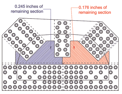 This illustration shows the corrosion pattern for specimen 307SS3-1. Blue and red hatched areas signify the areas of simulated corrosion. The blue hatching is on the left side of the gusset and is bounded by the chord member, diagonal member, and vertical members connected by the gusset plate. The blue hatching is roughly 24 inches wide and 12 inches tall. The red hatching is on the right side of the gusset and is a mirror image of the blue hatching. The blue hatching has a remaining thickness of 0.245 inches, and the red hatching has a remaining thickness of 0.176 inches.