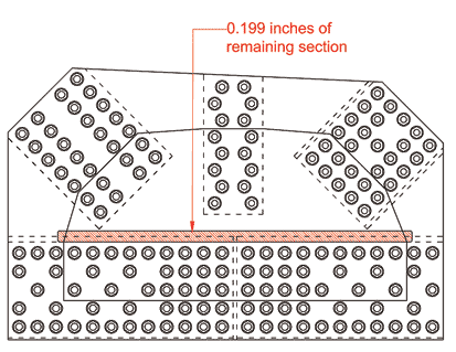 This illustration shows the corrosion pattern for specimen 307SS3-3. The red hatched area signifies the area of simulated corrosion. The simulated section loss is a narrow band 1.5 inches tall and 48 inch long and centered over two chords. The remaining section thickness in this area is 0.199 inches.