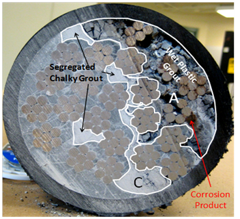Figure 28. Photo. Failed tendon cross section. This photo shows a cross section through a failed external tendon showing strand corrosion products and wet plastic grout, segregated white grout, and sound gray grout. Void space is also identified