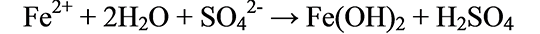 Figure 34. Equation. Reaction of the ferrous ion with water and sulfate ion to yield ferrous hydroxide and sulfuric acid. Fe superscript 2+ plus 2 H subscript 2 O plus SO subscript 4 superscript 2 minus reacts to form Fe open parenthesis OH closed parenthesis subscript 2 plus H subscript 2 SO subscript 4