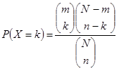 Figure 41. Equation. Probability mass function for hypergeometric distribution. P times open parenthesis X equals k closed parenthesis equals the product of open parenthesis binominal coefficient of m choose k closed parenthesis with the binominal coefficient of the difference between open parenthesis N and m choose difference between n and k closed parenthesis, divided by the binominal coefficient of open parenthesis N choose n closed parenthesis.