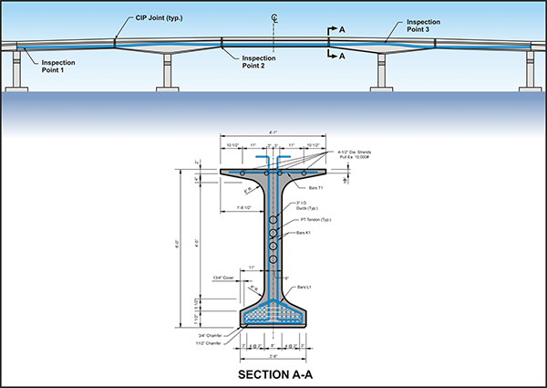 Figure 70. Illustration. Spliced bulb-tee girder bridge inspection point locations. This illustration shows several spans of a bridge and identifies tendon inspection locations as transition points from inclined to near horizontal runs. Also included is a section view of a spliced bulb-tee girder from the bridge showing conventional reinforcement and tendon positions. 