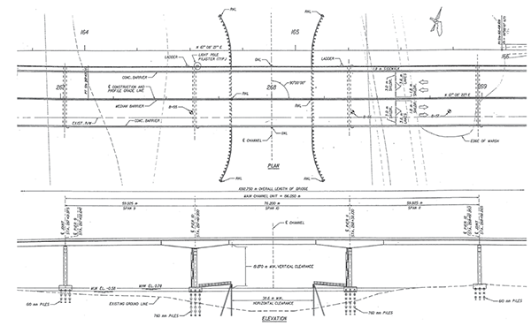 Figure 92. Illustration. Plan and elevation—main channel unit. This figure shows a three-span unit of a spliced girder bridge in plan and elevation views. The main span crosses over a navigation channel. The vertical and horizontal clearances are below the main span.