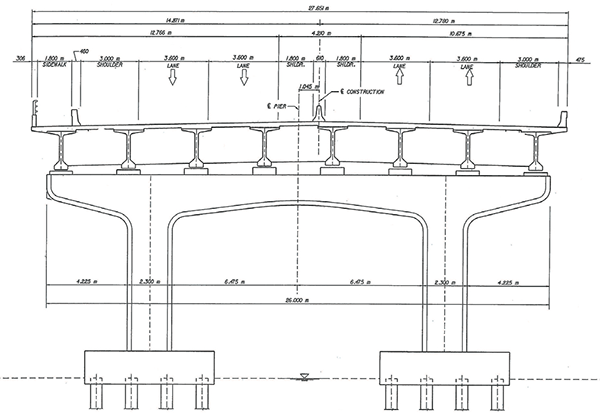 Figure 93. Illustration. Bridge section. This figure shows typical I-girder sections positioned over a pier cap, columns and foundations. The bridge deck over the I-girders are also shown.
