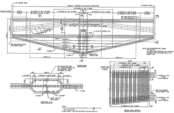 Figure 97. Illustration. Modified Florida bulb-T78 beam haunch segment. This figure shows modified Florida bulb-T78 beam haunch segment with tendon profiles, reinforcement details, and typical sections.